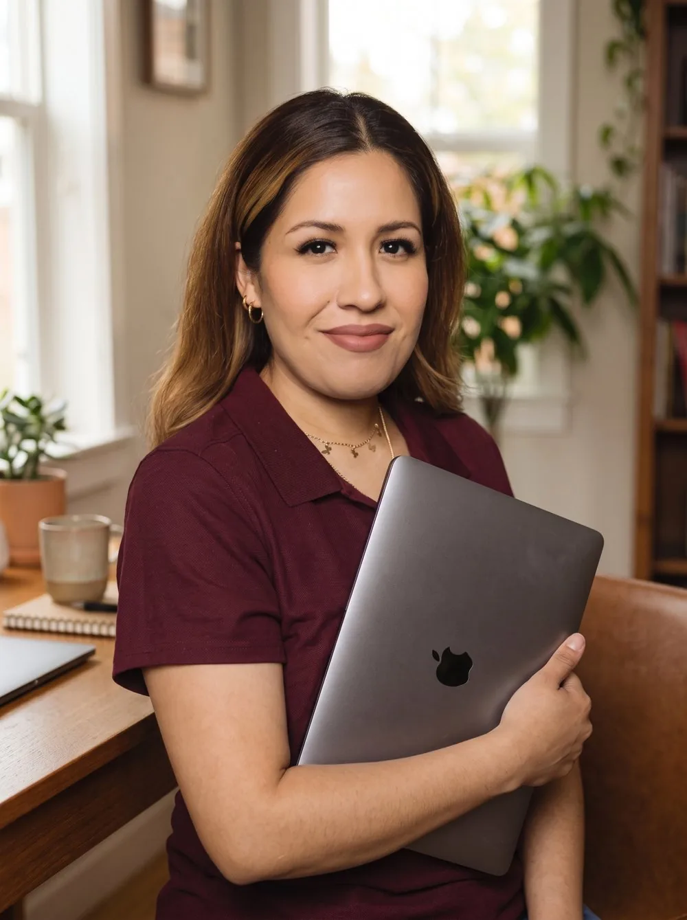 Desiree smiling and holding a laptop in a sunlit home office